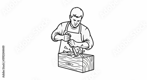 Person in apron carving wood with a chisel