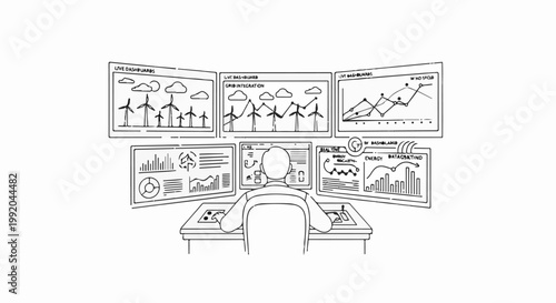 Person in control room monitoring multiple screens of wind energy data visualizations