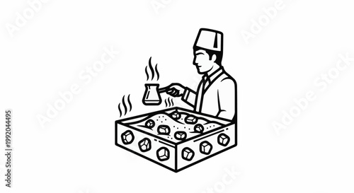 Person in fez prepares hot drink over sand with embers