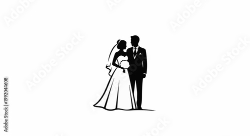 Silhouette of a bride and groom standing together, holding a bouquet