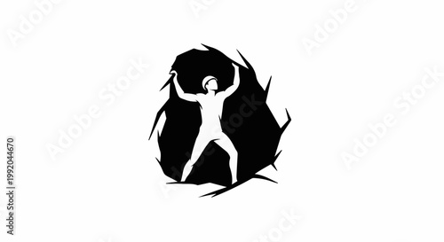 Silhouette of a climber holding onto a jagged opening