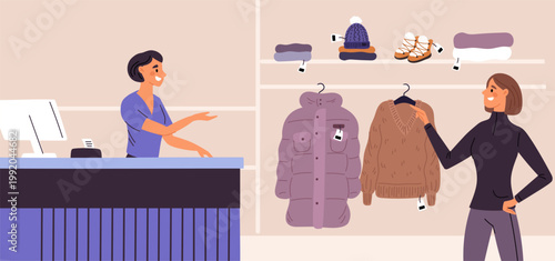 Young woman chooses warm outerwear for cold weather in store. Buyers trying coat in shop. Seller at counter. Boutique customer. People making outfit purchase. Vector shopping concept