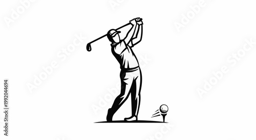 Silhouette of a golfer mid-swing, with a ball on a tee