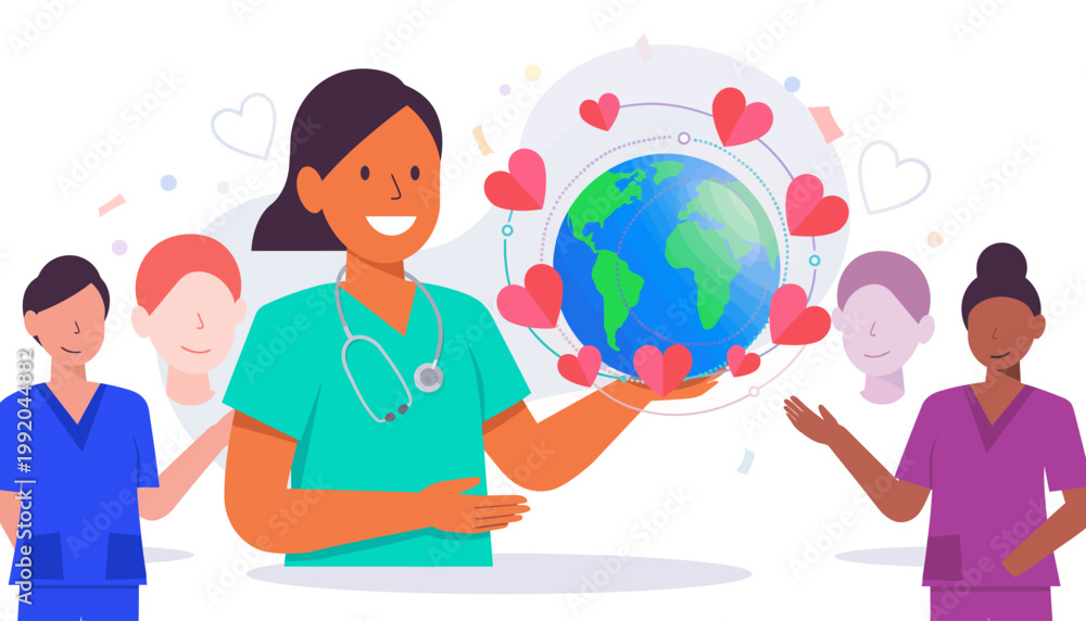 Fototapeta premium Smiling Nurse Holding Globe with Interconnected Hearts Icon