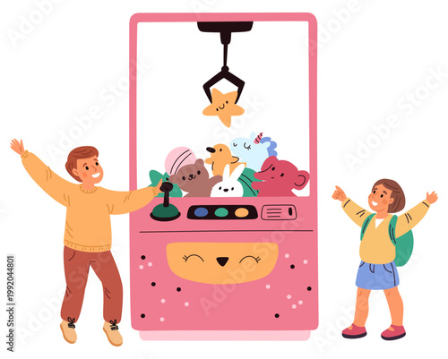 Young children play stuffed animal vending machine to win prize. Happy kids pulling plush toy from amusement dispenser. Automation with claw crane. Entertainment arcade. Vector concept