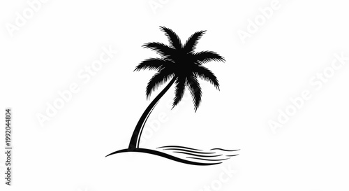 Silhouette of a leaning palm tree against a white background