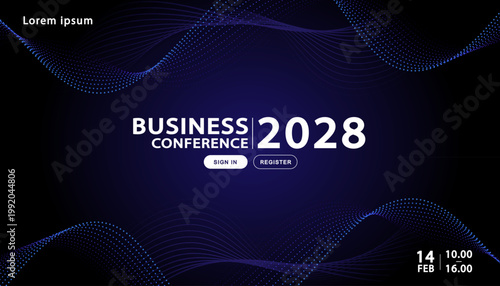 Business conference banner template with abstract dark blue dotted particle waves representing big data visualization digital network connectivity and professional technology summit announcement