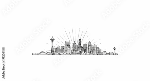 Sketch of a city skyline with a tall tower and sunburst effect