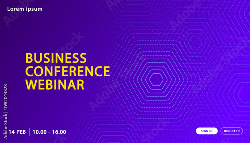 Business conference webinar banner with abstract purple dotted hexagon grid representing cyber security digital infrastructure and professional technology summit networking announcement