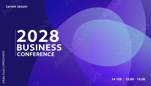 Abstract purple and blue geometric background with transparent overlapping circles for business conference and technology seminar presentation banner with professional information layout