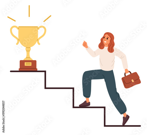 Young businesswoman climbs ladder to trophy. Girls steps towards achieving success. Staircase to gold award. Goal achievement. Job ambition challenge. Path to leadership. Vector concept