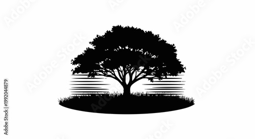 Silhouette of a mature tree with sprawling branches against a striped background