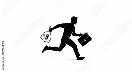 Silhouette of a man running with a money bag and a briefcase