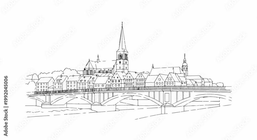 Fototapeta premium Sketch of a European town with a prominent church and arched bridge over a river