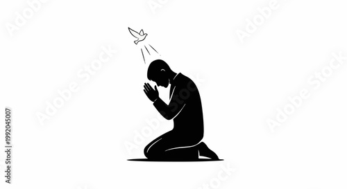 Silhouette of a person kneeling in prayer with a dove descending