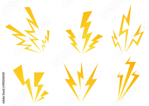 Yellow lightning bolts. Thunderbolt symbols. Jagged electric strikes. Energy power charge. Thunderstorm speed blasts. Short circuit danger sign. Vector set of electric discharge icons