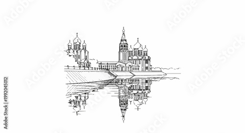 Sketch of a domed cathedral and its reflection on a body of water