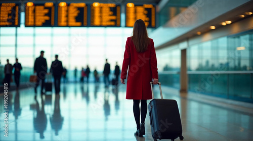 Female traveler in airport terminal with luggage and flight board