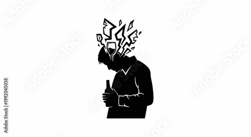 Silhouette of a person with a bottle, head exploding with abstract shapes