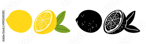 Whole lemon cuts. Yellow and black silhouette fruit slices. Tropical juicy citron with leaves. Refreshing lemonade. Food summer product. Natural sweet parts. Vector set of citrus icons