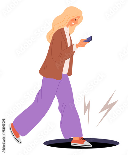 Woman walks while looking at her phone screen and falls into hole in road. Accident due to inattentiveness and distraction. Smartphone addiction. Dangers for pedestrian. Vector concept