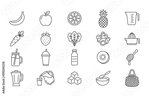Modern Outline Fresh Fruits Vegetables Healthy Drink Ingredients and Kitchen Tools Icon Set