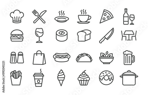Minimalist Outline Thin Line Food Restaurant Cooking Dining Cafe Eating Drink Icon Collection Set