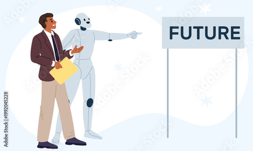 Robots show businesspeople way to future. Artificial intelligence helps businesses succeed. Android and employee cooperation. Path to development. Human and AI interaction. Vector concept