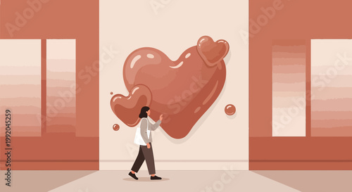 Person touching abstract fluid heart shapes on wall, modern minimal art concept