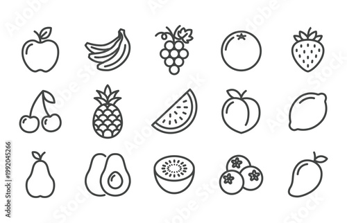 Outline Simple Line Art Collection of Various Fresh Healthy Fruit Food Icon Set