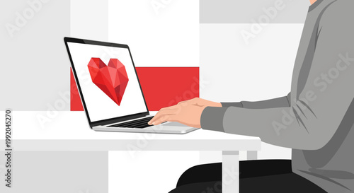 Person typing on laptop with abstract geometric heart on screen, symbolizing love, technology, and connection.