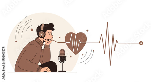 Podcaster with Headphones and Microphone, Heartbeat EKG Line and Abstract Heart