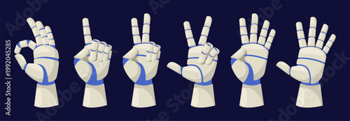 Robots arm shows numbers from zero to five. Counting with hand gestures. Nonverbal sign. Keeping score with fingers. Artificial intelligence technology. Electronic palm. Vector concept