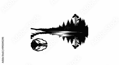 Silhouette of a pine forest reflected in calm water with a single rock