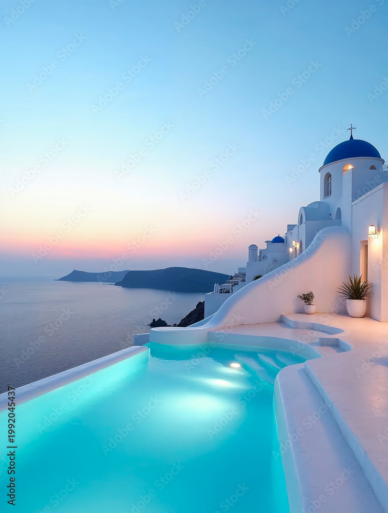 Obraz premium Luxury resort with infinity pool overlooking Aegean Sea Santorini