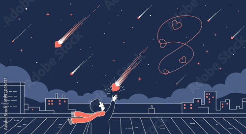 Person Watching Meteor Shower of Hearts in Night Sky Over City