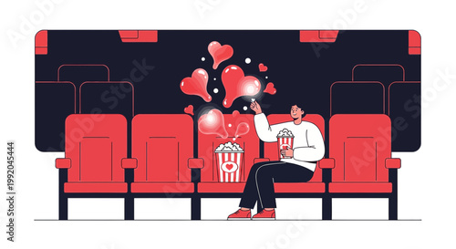 Person watching movie in cinema, hearts floating, popcorn, romantic atmosphere