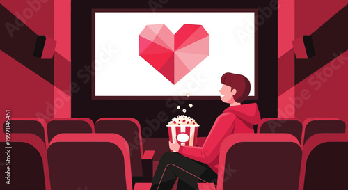 Person watching movie with heart on screen in cinema, popcorn in hand