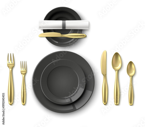 Realistic table setting. Top view of various types of black plates. Arrangement of gold cutlery. Banquet serving. Dining knife and fork. Dish with napkin. Vector restaurant tableware