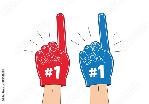 Two foam fingers in red and blue colors with number one sign