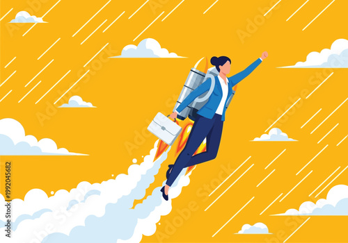 Businesswoman flying with a jetpack on her back, holding a briefcase, concept of career growth, success, and business startup