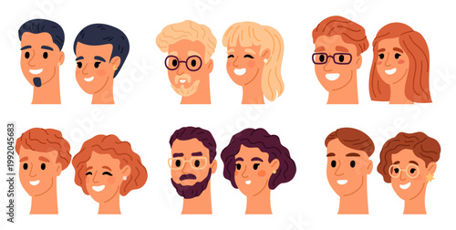 Male and female faces. People attractive portraits. Caucasian heads. Brunette and blonde hairstyle. Man with beard and mustache. Handsome persons smile. Vector set of avatar characters