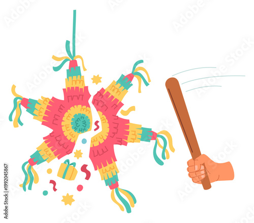 Hand with wooden stick hits pinata filled with sweets and gifts. Festive game for children. Kids entertainment. Striped star with confetti. Torn toy. Mexican holiday. Vector concept