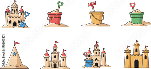 Sandcastle and beach toys collection with buckets shovels and seaside elements summer vector illustration set