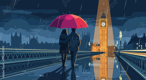 romantic couple walking under pink umbrella on Westminster Bridge at night with Big Ben and London cityscape in rainy evening