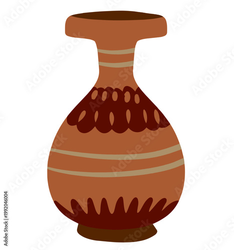 Ceramic vase, ethnic clay pottery vessel with traditional ornament. Ancient ceramic vase, rustic decorative jar with hand drawn pattern. Antique pottery kitchenware, folk style earthy brown container