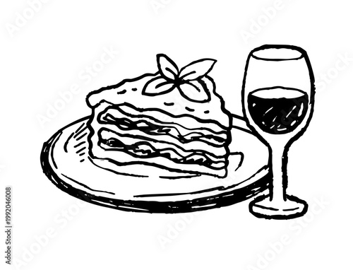 Lasagna wine doodle, hand drawn glass and cake illustration, dinner whimsical brushstroke set. Gourmet meal, alcohol drink vintage art, restaurant menu decor. Tasty dinner, lasagna wine doodle deco