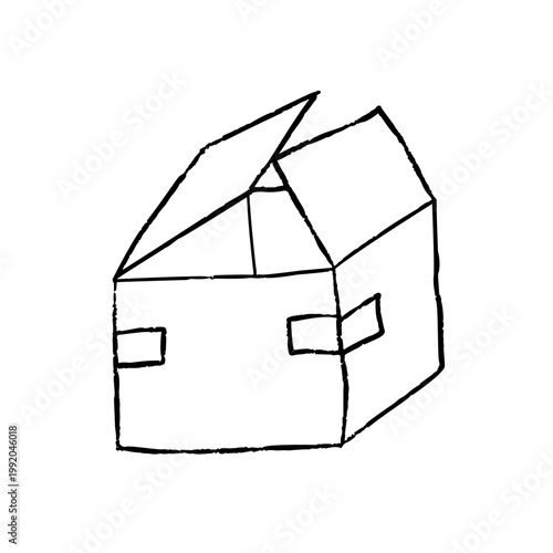 Box outline, hand drawn cardboard package sketch, black and white doodle of open paper container. Empty storage box isolated, minimalist shipping parcel delivery graphic. Box line art.