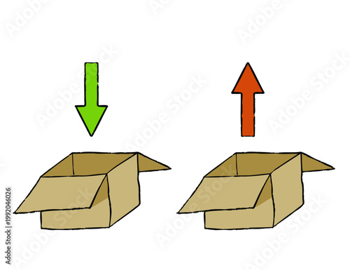 Cardboard box set, open paper package with green down and red up arrows. Delivery shipping service, import export trade logistics icons. Brown cardboard box container.