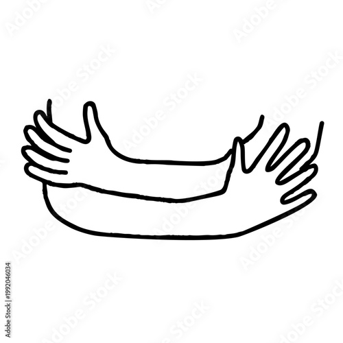 Hugging hands, hand drawn doodle arm hug, support and love gesture sketch. Minimalist line art embracing silhouette, care friendship symbol, human touch outline ink. Hugging hands concept